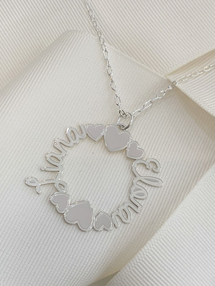 Cadena con Dije en Rodel con Corazones de 2 Nombres Personalizados en Plata 0.925