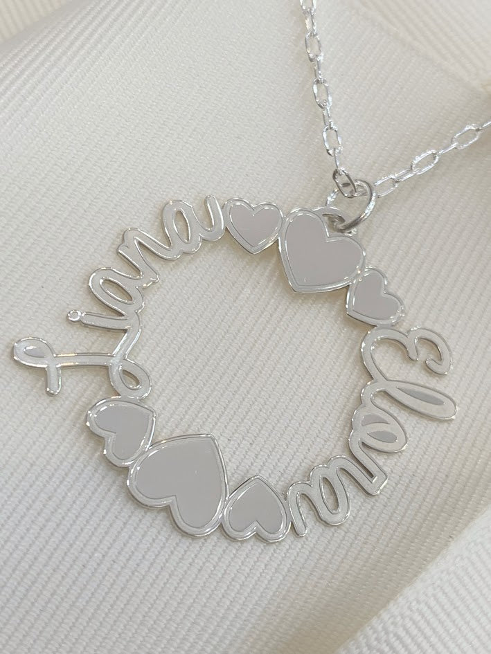 Cadena con Dije en Rodel con Corazones de 2 Nombres Personalizados en Plata 0.925